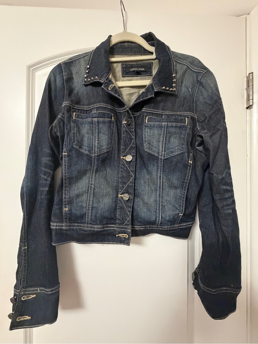 Sneak Peek Dark Wash Cropped Studded-Collar Denim Jacket